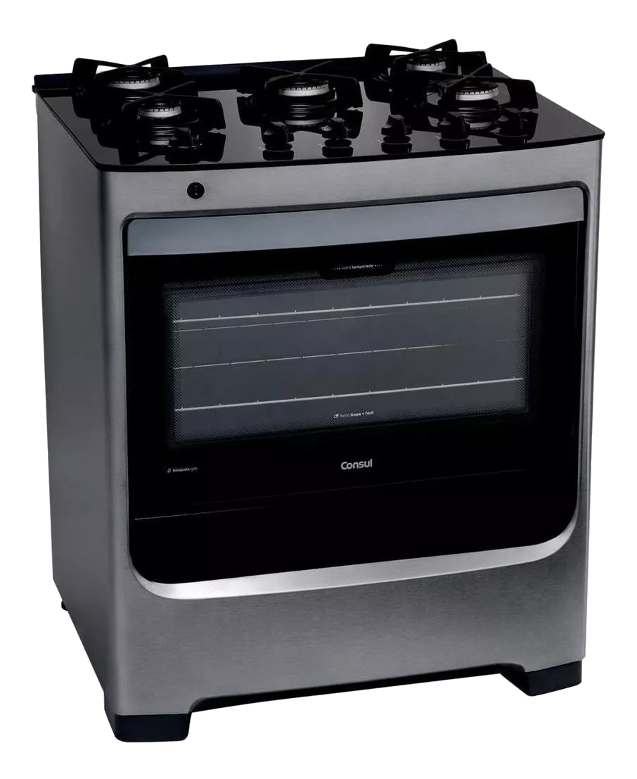 Fogão Consul 5 bocas cor Inox com mesa de vidro e grade de ferro fundido