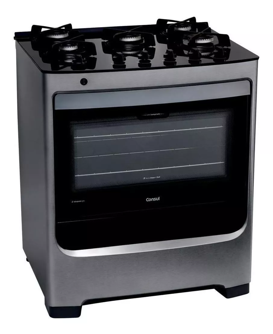 Fogão Consul 5 bocas cor Inox com mesa de vidro e grade de ferro fundido - CFS5VAR BIVOLT