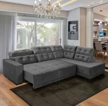 Sofá Canto Retrátil Grande 6 Lugares Veludo Cinza