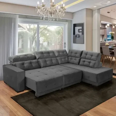 Sofá Canto Retrátil Grande 6 Lugares Veludo Cinza